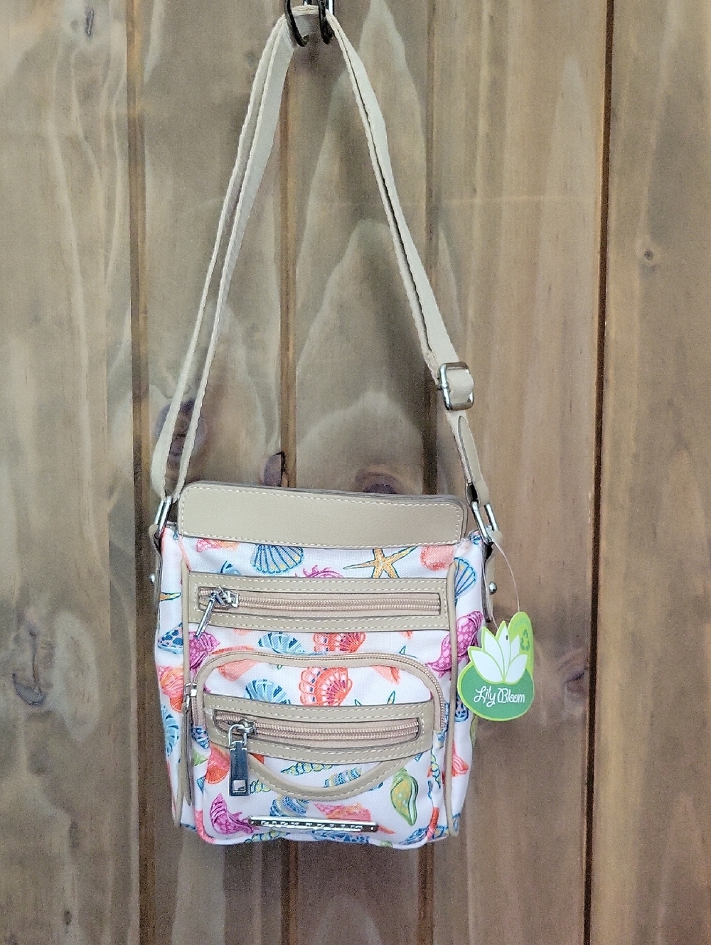 Lily Bloom Cream Crossbody Bag with Multicolor Seashell Print